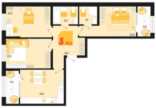 Планировка 3-комн. квартира, 79.2 м² ЖК «Первое место»