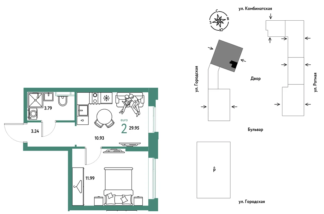 Планировка 2-комн. квартира, 29.95 м² ЖК «Уральский сад»