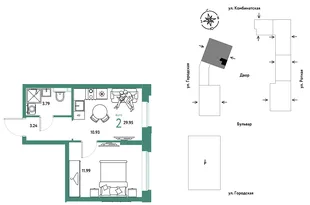 Планировка 2-комн. квартира, 29.95 м² ЖК «Уральский сад»