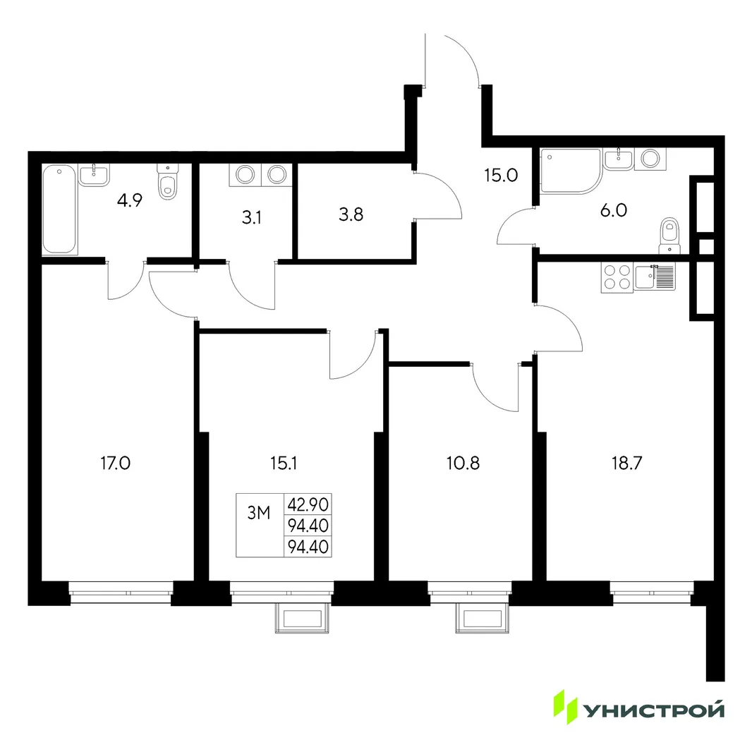 Планировка 3-комн. квартира, 94.4 м² ЖК «Стадиум»