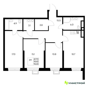 Планировка 3-комн. квартира, 94.4 м² ЖК «Стадиум»