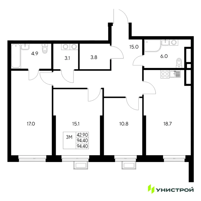 Планировка 3-комн. квартира, 94.4 м² ЖК «Стадиум» Планировка 3-комн. квартира, 94.4 м² ЖК «Стадиум»