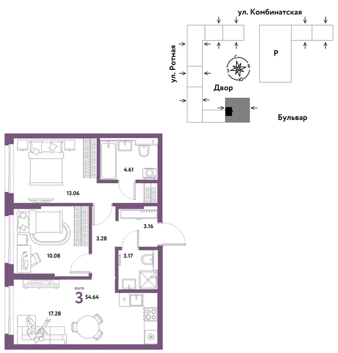 Планировка 3-комн. квартира, 54.64 м² ЖК «Уральский сад» Планировка 3-комн. квартира, 54.64 м² ЖК «Уральский сад»