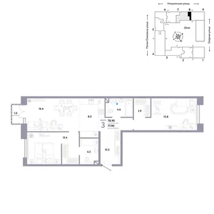 Планировка 3-комн. квартира, 78.9 м² ЖК «Страна.Озёрная»