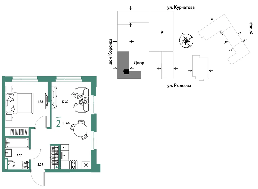 Планировка 2-комн. квартира, 38.66 м² ЖК «Остров-сад»