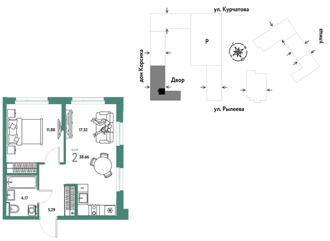 Планировка 2-комн. квартира, 38.66 м² ЖК «Остров-сад» Планировка 2-комн. квартира, 38.66 м² ЖК «Остров-сад»