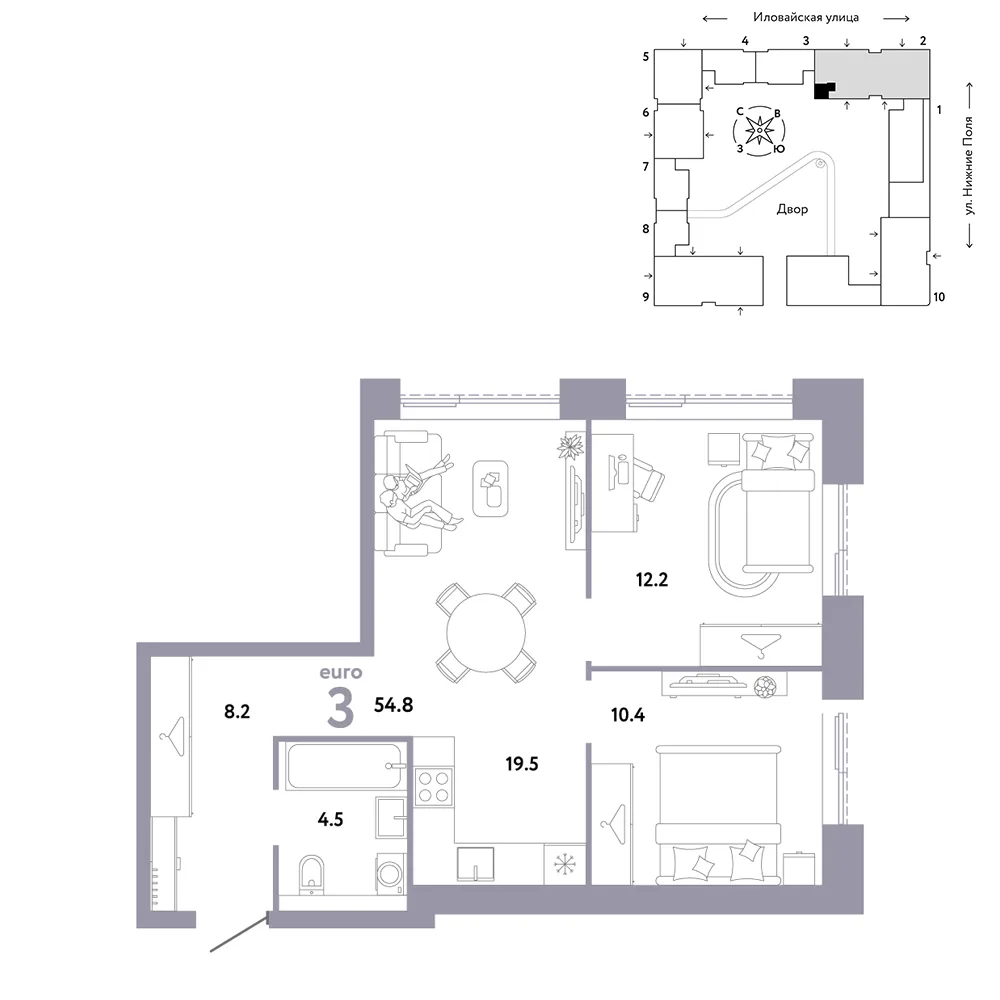 Планировка 3-комн. квартира, 54.8 м² ЖК «Страна.Заречная»