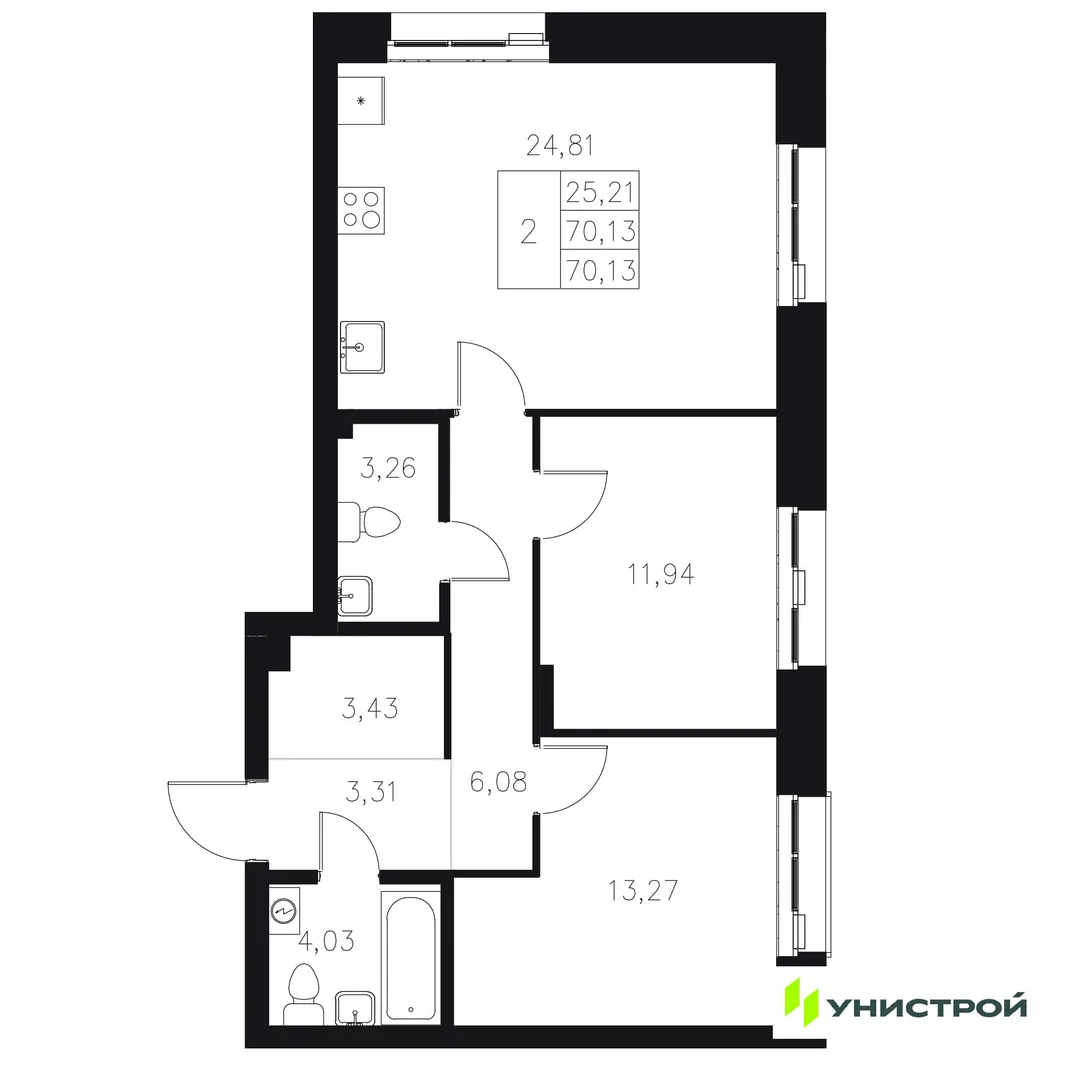 Планировка 2-комн. квартира, 70.13 м² ЖК «Statum»