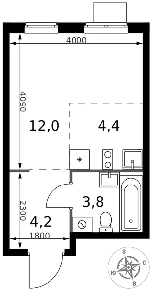 Планировка Студия, 24.4 м² ЖК «1-й Химкинский»
