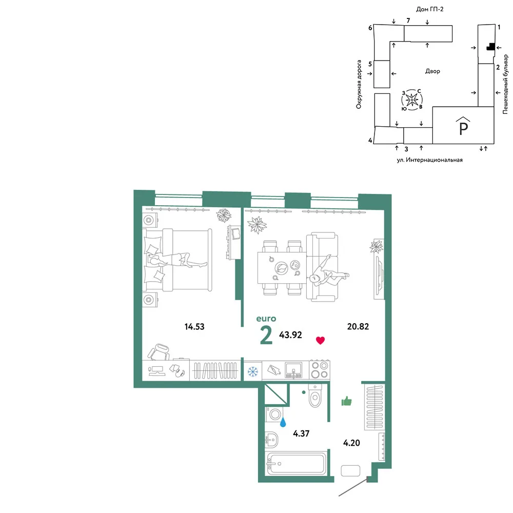Планировка 2-комн. квартира, 43.92 м² ЖК «Юнион»