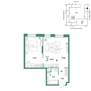 Планировка 2-комн. квартира, 43.92 м² ЖК «Юнион»