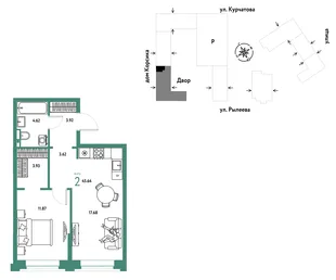 Планировка 2-комн. квартира, 45.64 м² ЖК «Остров-сад»