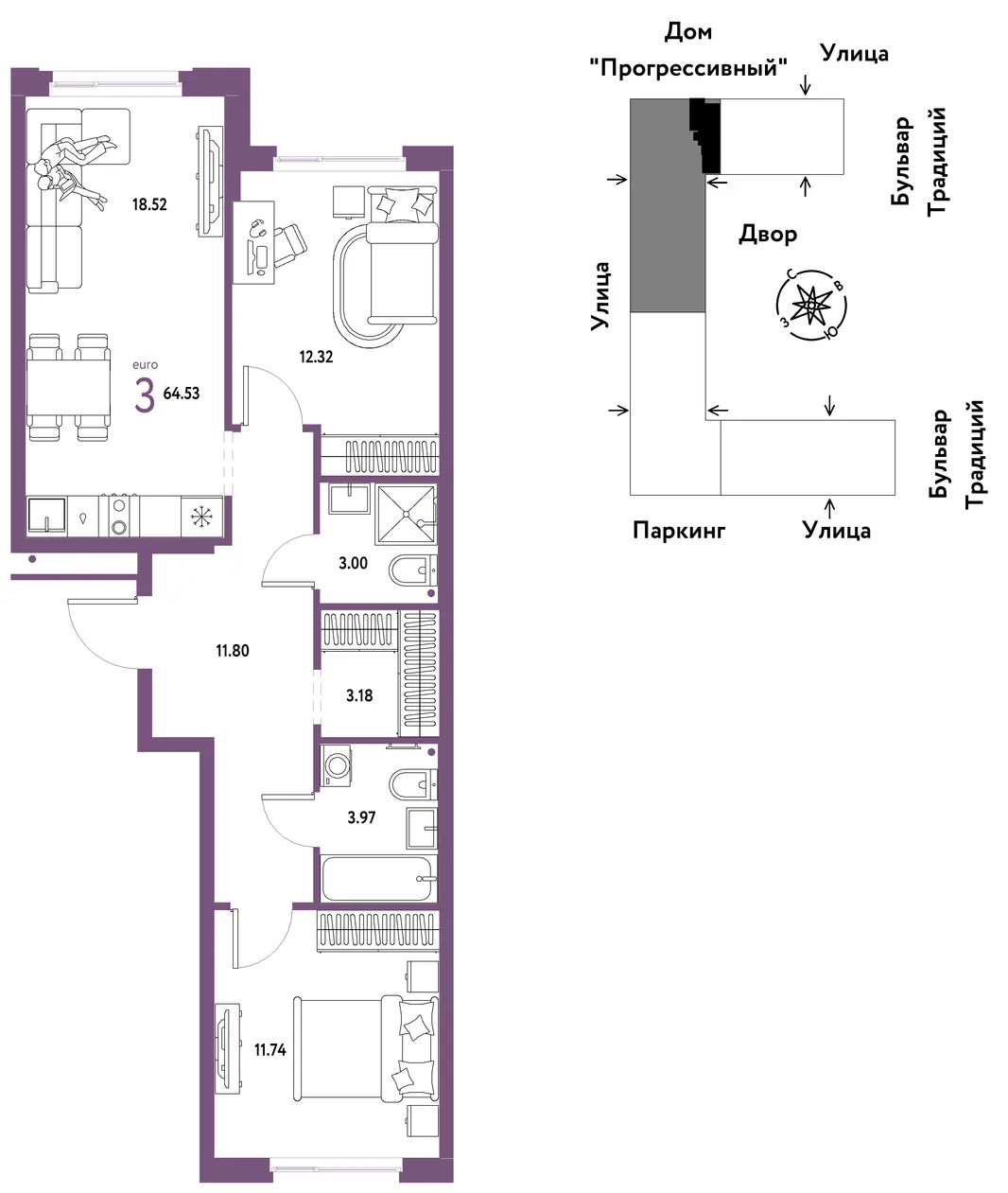 Планировка 3-комн. квартира, 64.53 м² ЖК «Микрорайон Домашний»