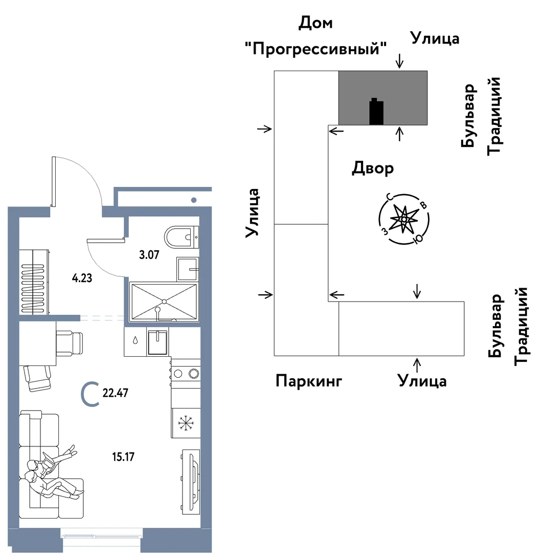 Планировка Студия, 22.47 м² ЖК «Микрорайон Домашний»