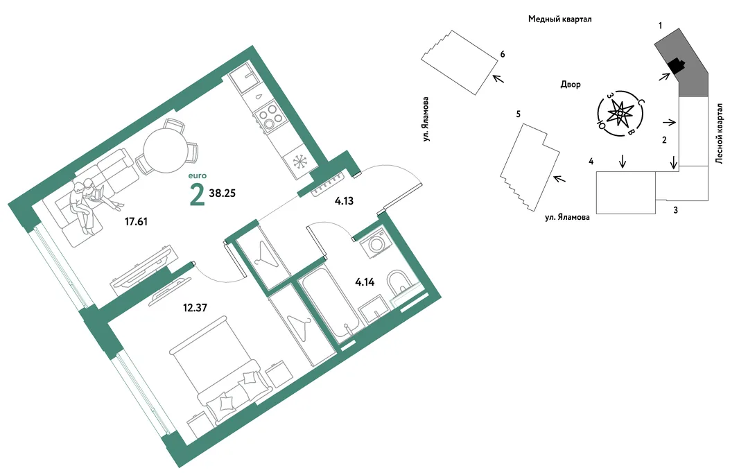 Планировка 2-комн. квартира, 38.25 м² ЖК «Сибирский сад»