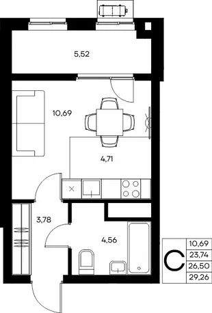 Планировка Студия, 29.26 м² ЖК «Прибрежный дом»