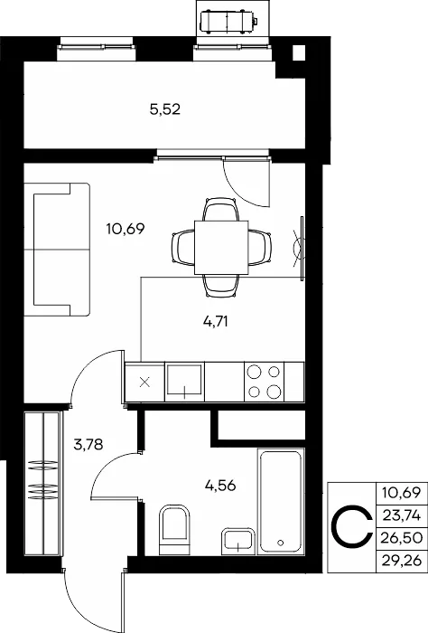 Планировка Студия, 29.26 м² ЖК «Прибрежный дом»