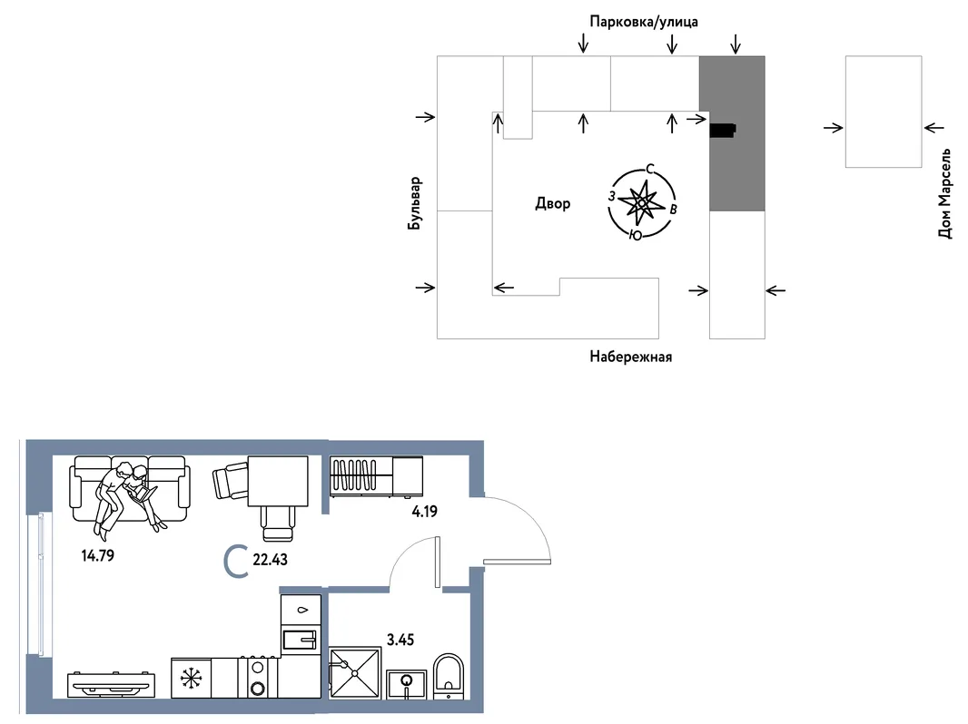 Планировка Студия, 22.43 м² ЖК «Европейский берег 2.0»