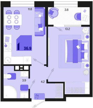 Планировка 1-комн. квартира, 36.9 м² ЖК «Первое место»