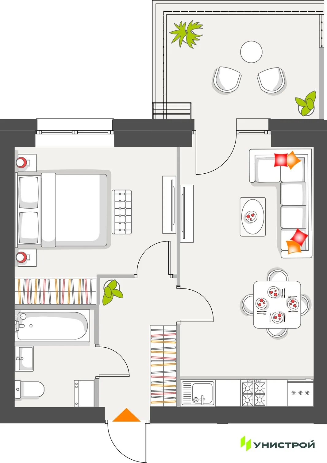 Планировка 1-комн. квартира, 42.56 м² ЖК «Атмосфера»