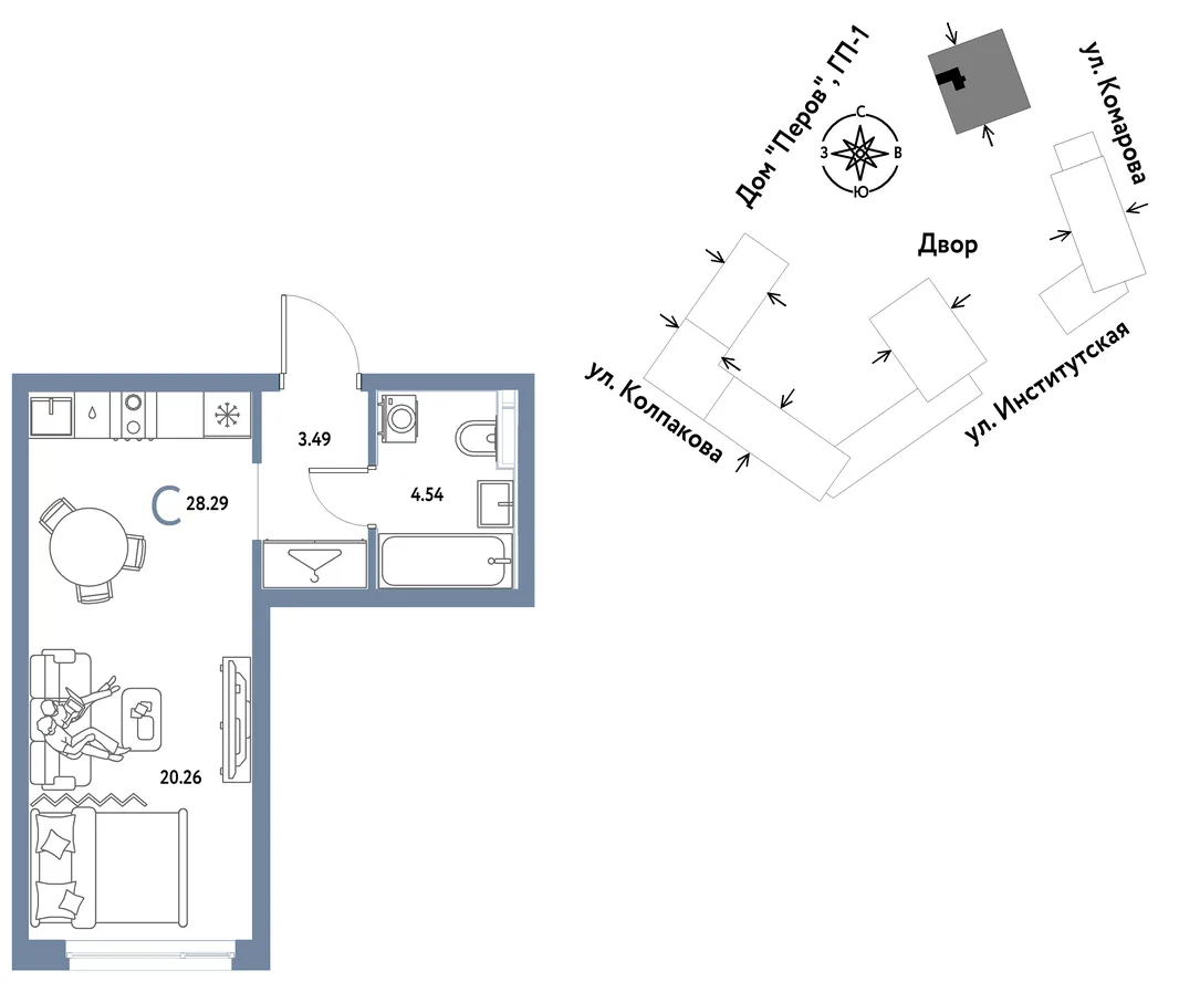 Планировка Студия, 28.29 м² ЖК «Страна.Парковая»