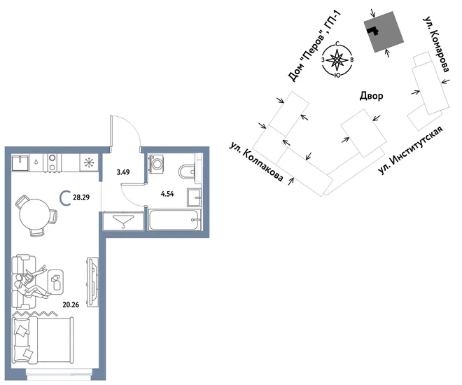 Планировка Студия, 28.29 м² ЖК «Страна.Парковая»
