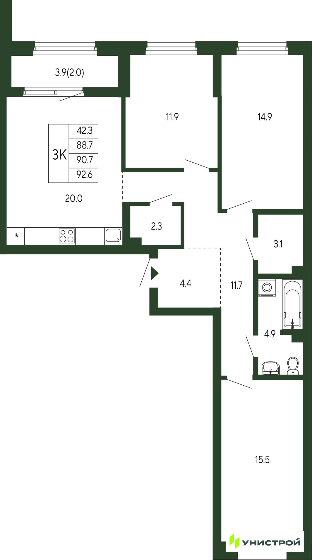 Планировка 3-комн. квартира, 90.7 м² ЖК «Парковый квартал 2.0»