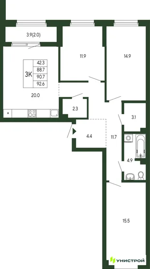 Планировка 3-комн. квартира, 90.7 м² ЖК «Парковый квартал 2.0»
