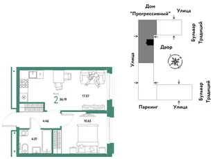 Планировка 2-комн. квартира, 36.19 м² ЖК «Микрорайон Домашний»