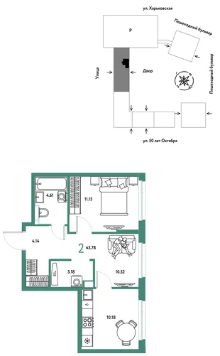Планировка 2-комн. квартира, 43.78 м² ЖК «Сердце Сибири»