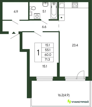 Планировка 1-комн. квартира, 60 м² ЖК «Парковый квартал 2.0»