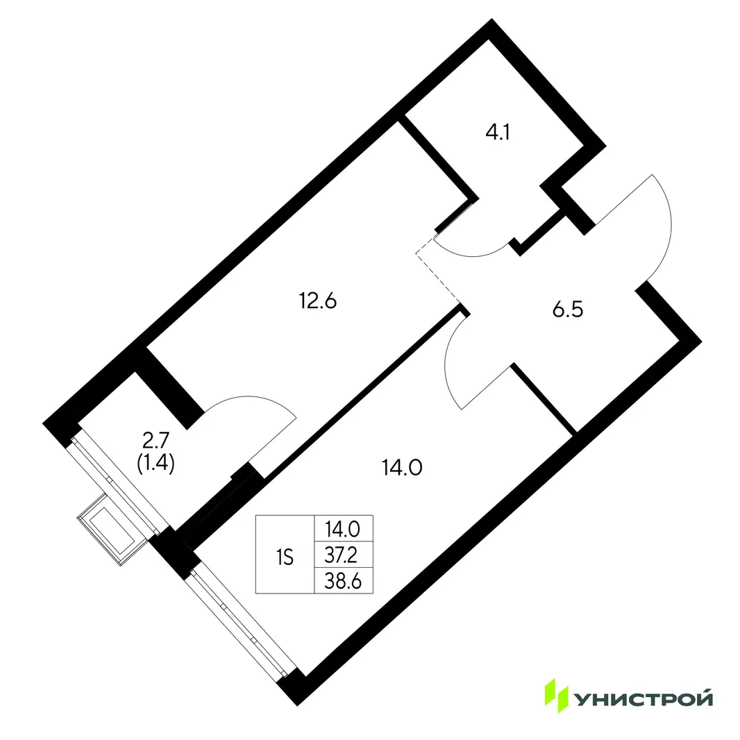 Планировка 1-комн. квартира, 38.6 м² ЖК «Стадиум»