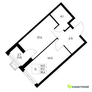 Планировка 1-комн. квартира, 38.6 м² ЖК «Стадиум»