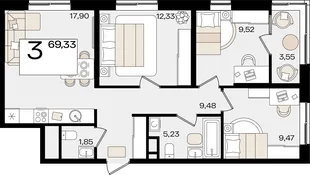 Планировка 3-комн. квартира, 69.33 м² ЖК «Патрики»