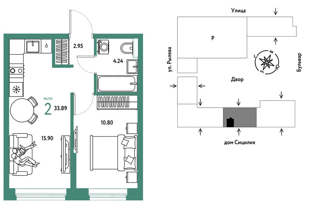 Планировка 2-комн. квартира, 33.89 м² ЖК «Остров-сад»