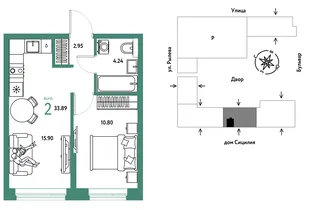 Планировка 2-комн. квартира, 33.89 м² ЖК «Остров-сад»
