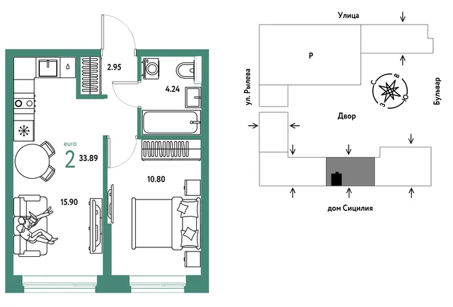 Планировка 2-комн. квартира, 33.89 м² ЖК «Остров-сад» Планировка 2-комн. квартира, 33.89 м² ЖК «Остров-сад»