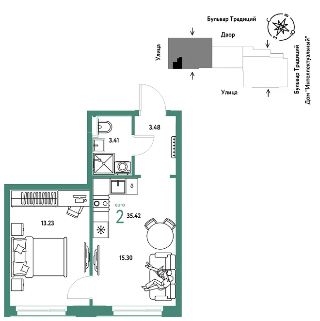Планировка 2-комн. квартира, 35.42 м² ЖК «Микрорайон Домашний» Планировка 2-комн. квартира, 35.42 м² ЖК «Микрорайон Домашний»