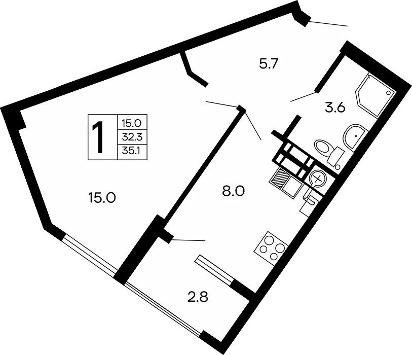 Планировка 1-комн. квартира, 35.1 м² ЖК «Семейный»