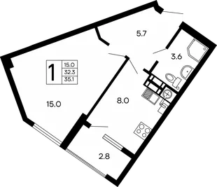 Планировка 1-комн. квартира, 35.1 м² ЖК «Семейный»