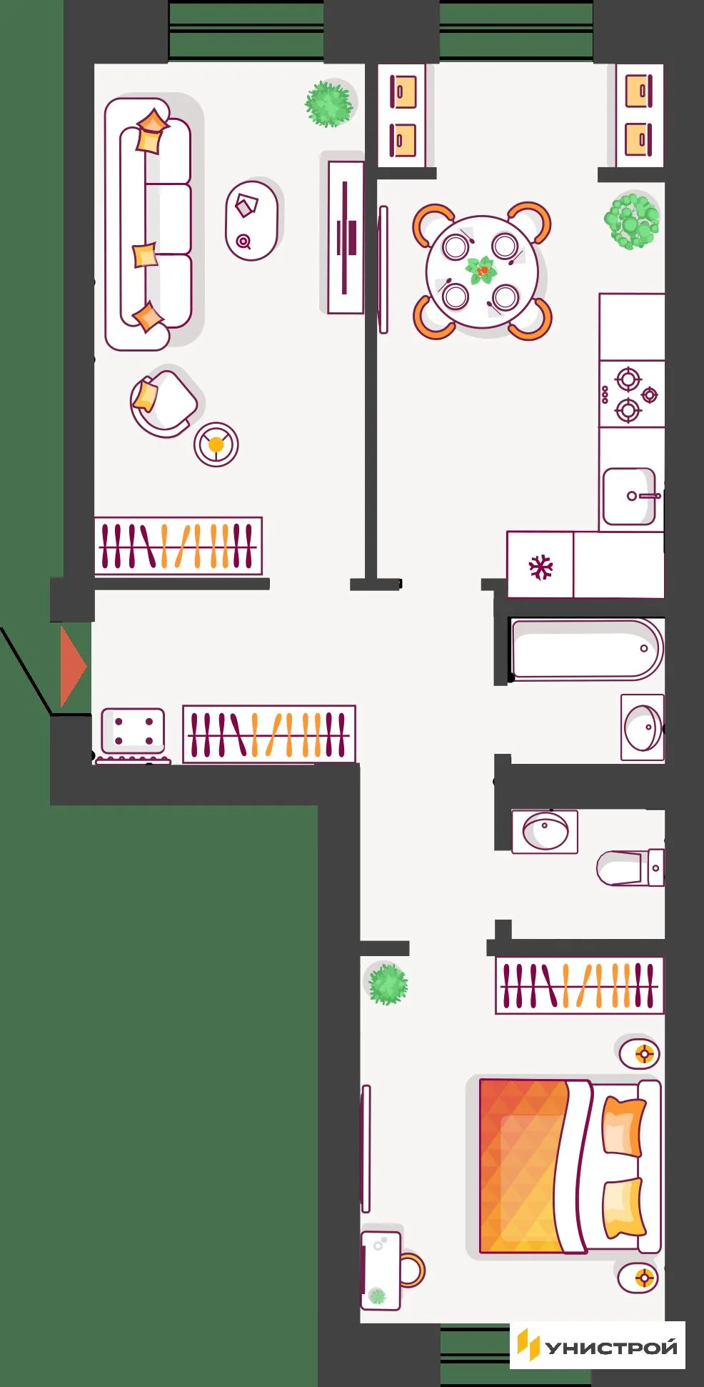 Планировка 2-комн. квартира, 63.52 м² ЖК «Южный бульвар 2»