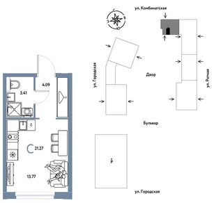 Планировка Студия, 21.27 м² ЖК «Уральский сад»