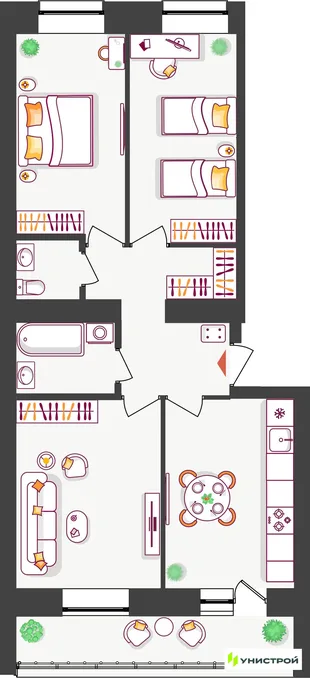 Планировка 3-комн. квартира, 66.64 м² ЖК «Южный бульвар 2»