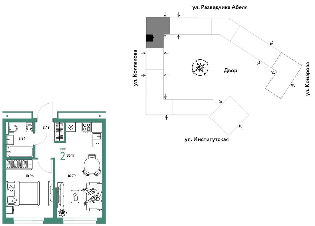 Планировка 2-комн. квартира, 35.17 м² ЖК «Страна.Парковая»