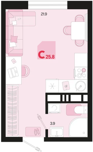 Планировка Студия, 25.8 м² ЖК «Первое место»