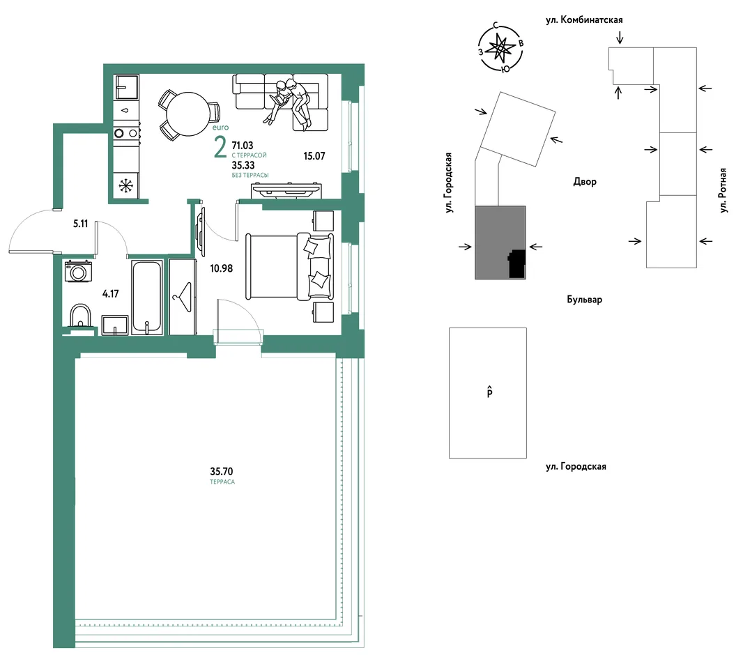 Планировка 2-комн. квартира, 71.03 м² ЖК «Уральский сад»