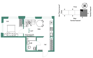 Планировка 2-комн. квартира, 42.17 м² ЖК «Микрорайон Домашний»