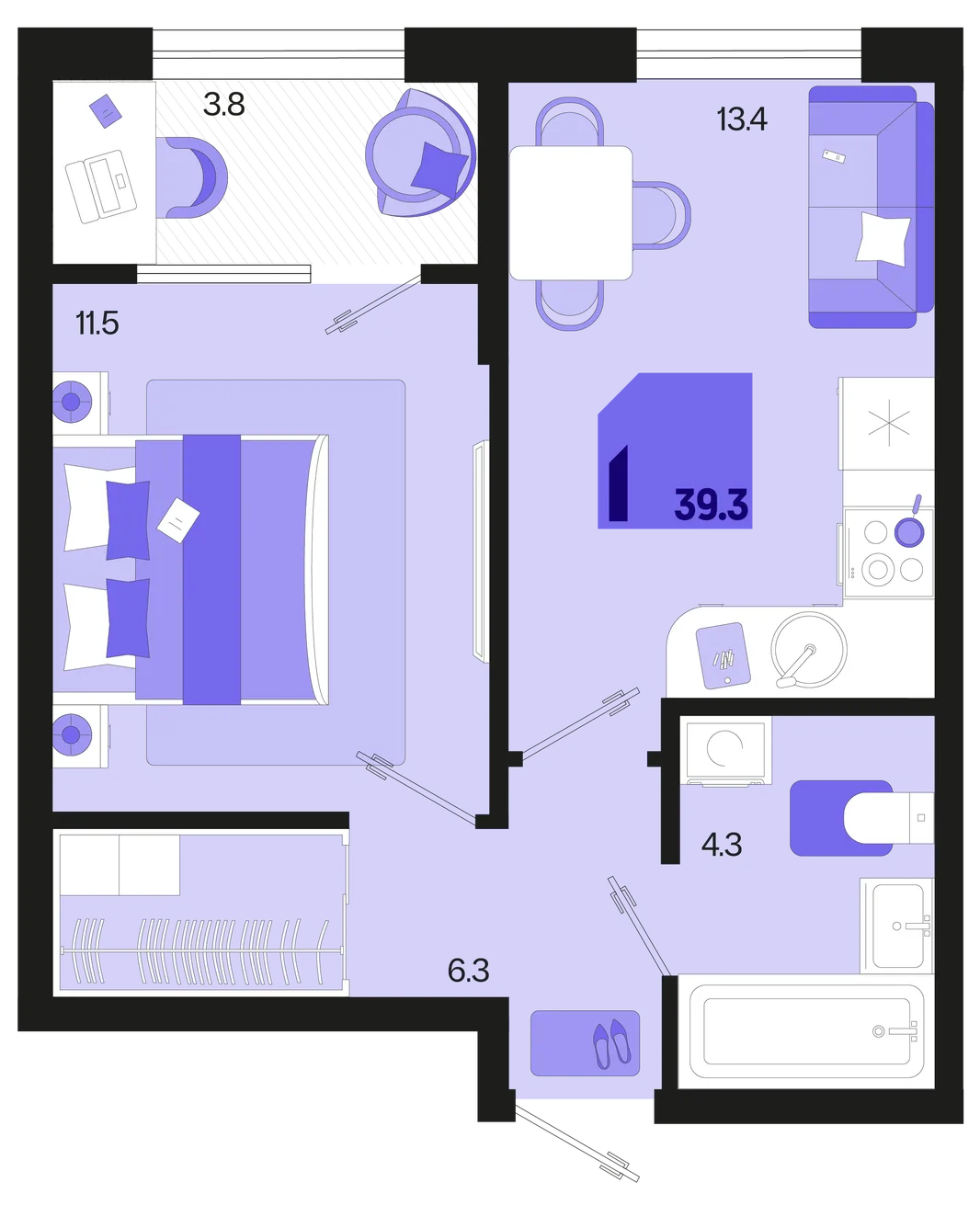 Планировка 1-комн. квартира, 39.3 м² ЖК «Первое место»