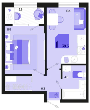 Планировка 1-комн. квартира, 39.3 м² ЖК «Первое место»
