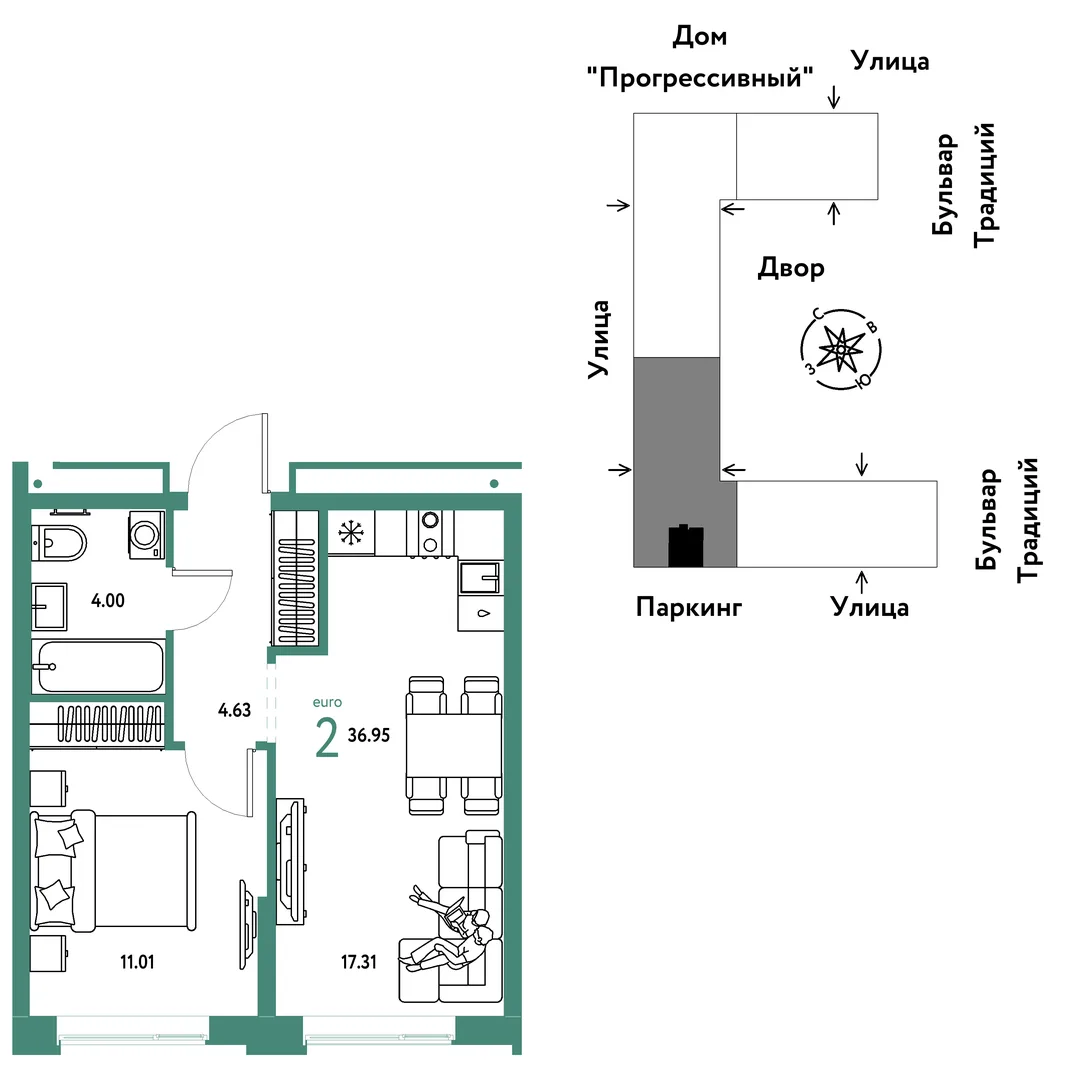Планировка 2-комн. квартира, 36.95 м² ЖК «Микрорайон Домашний»